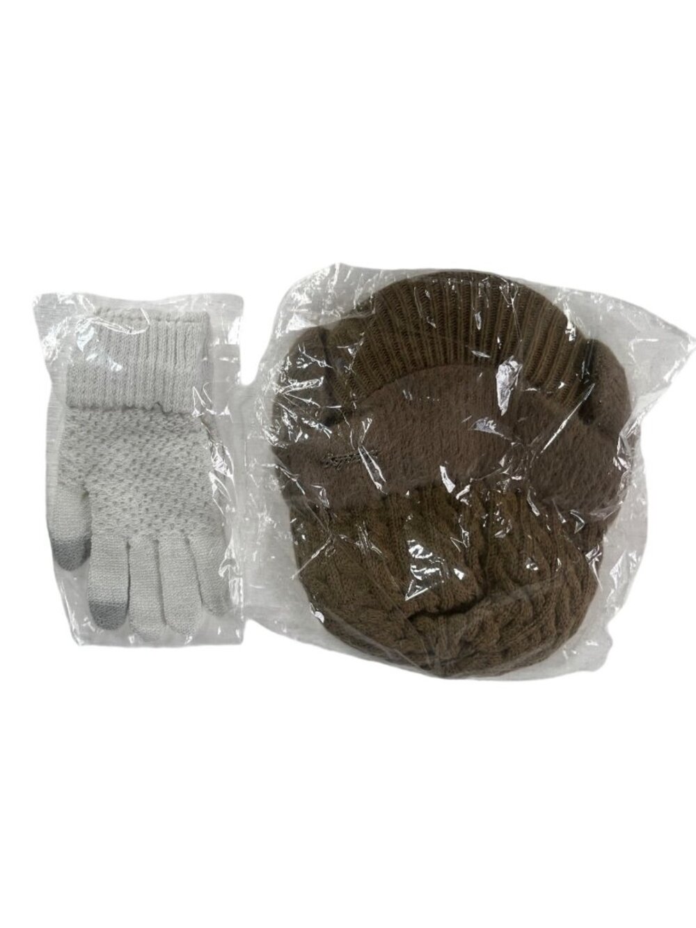 Knitted Hat & Gloves Set‎ Warm Fleece Lining Beige Brown White New
